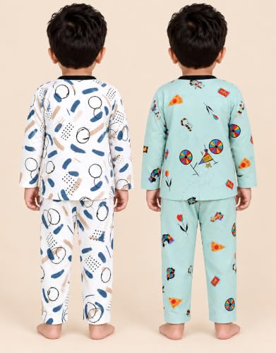 Image of 3BROS Kids Pure Cotton Night Suit Set | Boys Girls Printed Sleepwear Shirt & Pajama Clothing Combo | Soft Breathable Night Dress Outfit | Pack of 2