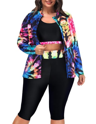 Hanna Nikole Women's 3-Piece Tankini Sets Large Sizes Rash Guard Set Zip Long Sleeve Surf Suit Sun Protection Swimsuit Swimming Color wave and black,26