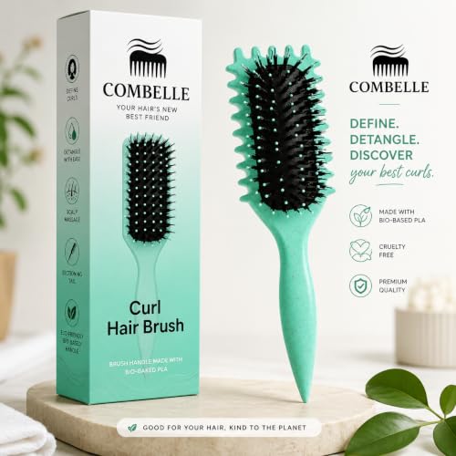 Image of Combelle 5-in-1 Curl Hair Brush | Vegan Boar Bristles | Bio-Based PLA Handle | Detangling, Defining & Frizz Control for Curly & Wavy Hair | For Men & Women - Multicolor