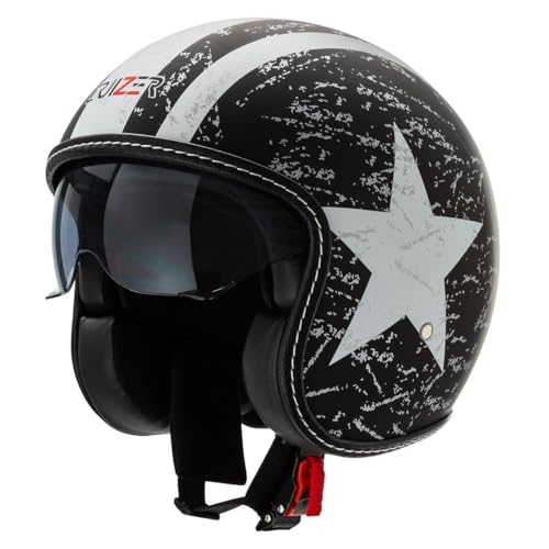 CRUIZER Casco Moto Jet Custom Scooter Omologato Visiera Sole Scomparsa Nero (XL)