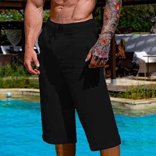 Capri Pants for Men Below Knee Linen Cotton Casual Lightweight 3/4 Yoga Shorts Elastic Waist Drawstring with Pocket 20252