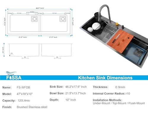 Image of Fossa 47 inchx18 inchx10 inch Double Bowl Waterfall Kitchen Sink Honeycomb Embossed Sink with Black Nano Coating, Premium Stainless Steel, Rectangular Workstation, Faucet With Included All Accessories (Black)