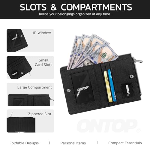 ONTOP Bifold Wallet, Minimalist Zipper Card Holder, Water Resistant, Lightweight Design (Black)3