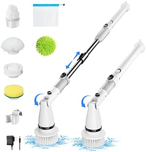ROPASOMIC Electric Spin Scrubber, Bathroom Cordless 380RPM Motorized Cleaning Brush - Replaceable Brush Heads Adjustable Extension Handle,for Tub Shower Sink Stove Tile Grout Wall Windows-Grey