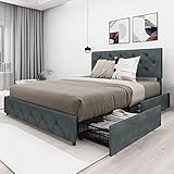 Wancla Queen Upholstered Platform Bed Frame with 4 Storage Drawers / Adjustable Button Tufted...