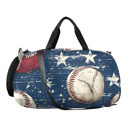 Gym Travel Duffle Bag for Boys Girls Baseball White Stars Pattern Navy Sports Dance Bag with Shoe Compartment & Wet Pocket Football Kids Travel Bag Teens Sleepover Carry2