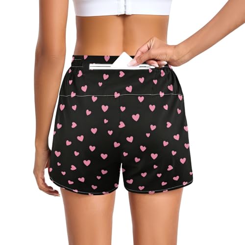 QUGRL Pink Hearts Black Womens Shorts with Side Pockets Pull on Training Shorts Valentine's Day Womens Lounge Bottom for Walking Travel Relaxing X-Large