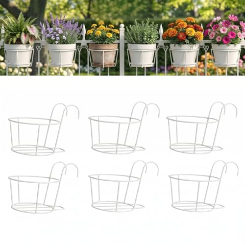 PRIME KRAFTS Anti Rust Metal Hanging Planters for Balcony | Round Flowerpot Holder | Railing Planters, Fence Garden Flowerpot, Gamla, Flower Pots for Home and Garden (White - Pack of 6)