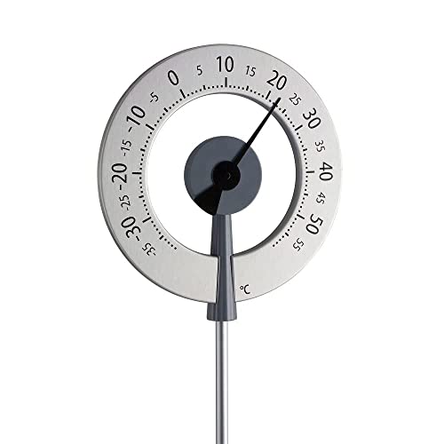 TFA Dostmann LOLLIPOP modern design tuinthermometer, 12.2055.10, analoge temperatuurmeter voor gebruik in de tuin, weerbestendig, grote cijfers, aluminium, zilver/grijs, (L) 240 x (B) 55 x (H) 950 mm