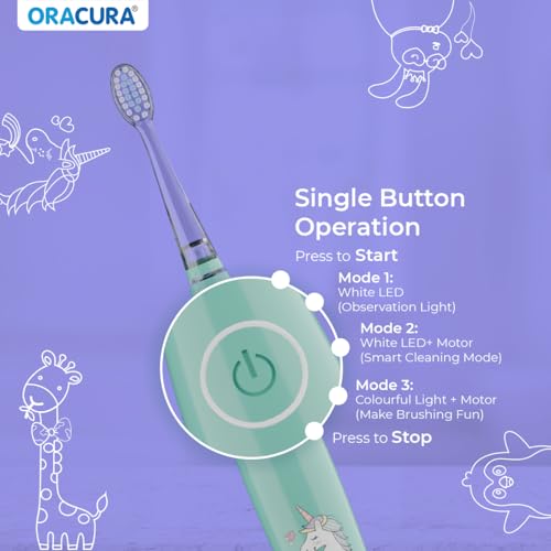 Image of ORACURA KSB200 Kids Sonic Electric Rechargeable Toothbrush, 3-10 Years, 24,000 strokes /min, With 3 Modes, IPX7 Waterproof, Smart 2-Min Timer, Rechargeable Lithium Battery, LED & Colorful Lights (Green)