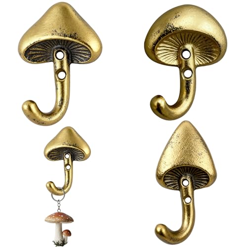 Otoolling 3 Pcs Mushroom Wall Hooks Decorative Iron Mushroom Shaped Hanging Hooks Wall Mounted Coat Towel Bags Hanger Key Holder for Home Bathroom Kitchen(Short Size,Classic Style,Gold)