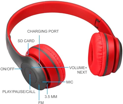 Image of Premium HD BASS Sound Wireless Headphone with SD Card Support Bluetooth & Wired Headset (Red, On the Ear)