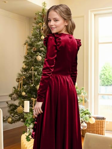 Girls Christmas Dress Velvet Fall Winter Party Dresses Ruffled Long Sleeve Casual with Pockets Princess Outfits3