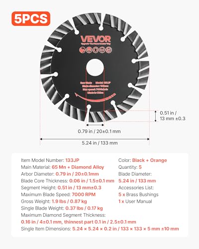 Image of VEVOR Diamond Blades 5.24 inch, 5-Pack Wall Chaser Saw Blade Cutting Blade, 0.79 in Arbor, High-Hardness Diamond Segments, 65Mn Steel Core, Dry Wet Cutting, Clean Edges for Concrete Brick Stone Cement
