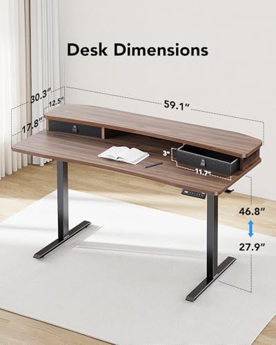 Image of HUANUO 60″ x 30″ Electric Standing Desk with 2 Drawers, C-Clamp Mount Compatible, Height Adjustable Computer Desk, Home Office Stand Up Desk with 4 Preset Heights & 2 Hooks, Walnut