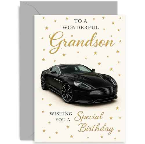 Heartfelt Birthday Card for Grandson Black Luxury Sports Car Design Sentimental Verse Special Birthday Gift Elegant Design for Grandchild Blank Inside with Envelope