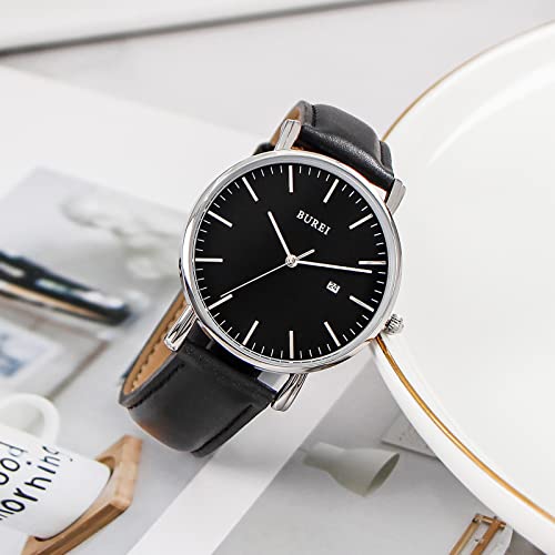 Image of BUREI Men's Fashion Minimalist Wrist Watch Analog Date with Leather Strap