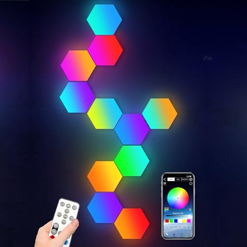 Paneles LED Hexagonal RGB Sincronizar con Música, Luces LED Gaming Pared Control Remoto, Micrófono Incorporado,16 Millones Colores Panel LED Empalme Geometría Bricolaje para Dormitorio/Sala,6 Pack