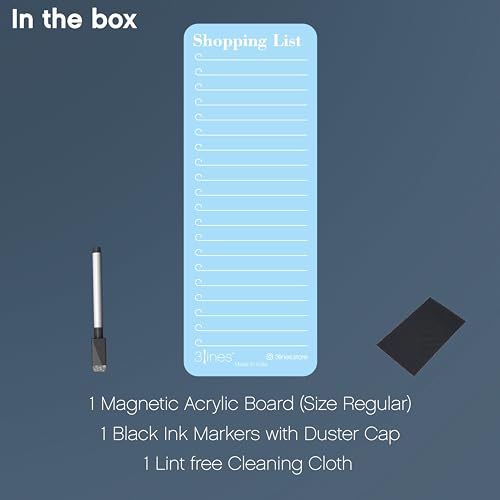 Image of 3 Lines Shopping List Fridge Magnet with Marker|Smart Planning & Shopping for Family, Working Professionals|Acrylic Magnetic Notepad for Kitchen Organisation|9x24 cms|Light Blueberry Color|Regular