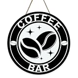 Bolisom Letrero de puerta delantera de barra de café negro y blanco, colgador de madera de grano de café para decoración del hogar, cocina, corona de madera rústica, para colgar en la pared, oficina