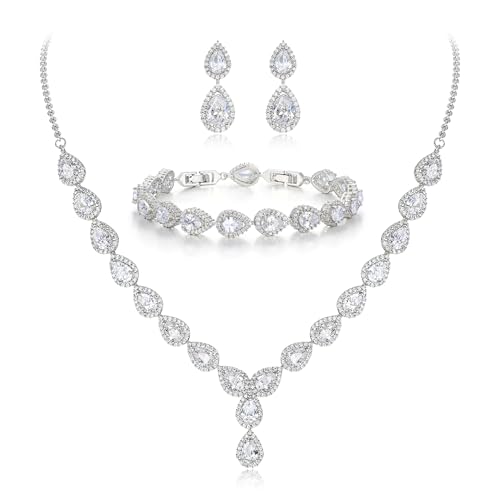 Clearine Femme Mariage Parure Goutte Cubic Zircon Infinity Figure 8 Y-Collier Tennis Bracelet Pendante Boucles d'oreile Série Blanc
