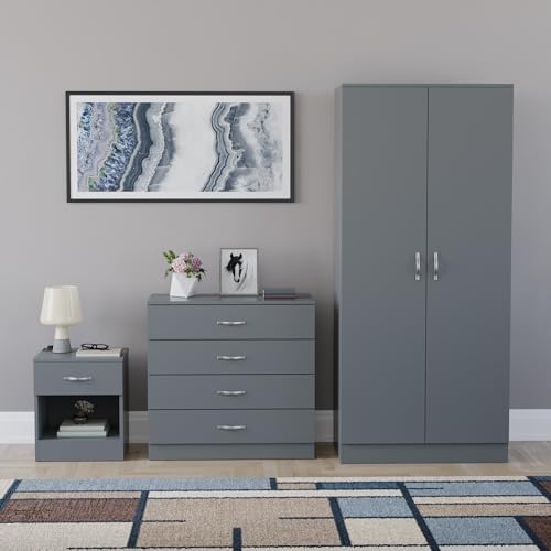 Vida Designs Riano 3 Piece Bedroom Furniture Set - 1 Drawer Bedside Chest 4 Drawer Chest 2 Door Wardrobe - Grey