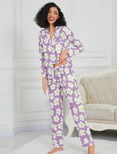 Image of SWOMOG Womens Pajamas Set Long Sleeve Sleepwear Button Down Nightwear Soft Cotton Pj Lounge Sets
