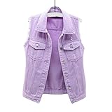 Material:Baumwolle, Polyester Siehin Damen Jeansweste Button Up Denim Weste Ärmellos Jeansjacke Beiläufige Jeansweste (Lila, 42)