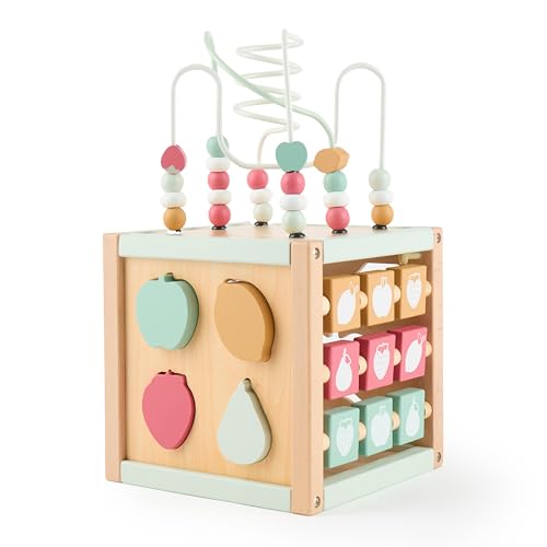 Bieco Berry - Cubo motorio in legno sostenibile FSC®, giocattolo per bambini, a partire da 1 anno, cubo di attività Montessori