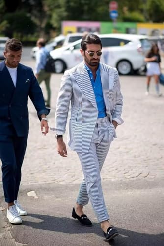 Men's Seersucker Suits 2 Piece Casual Summer Beach Wedding Prom Suit Blue Seersucker Striped Blazer Pants Set L4