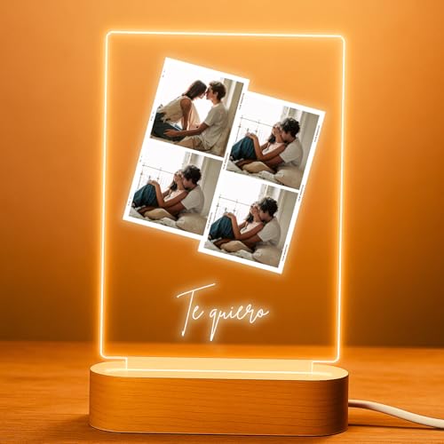 Imagen de Cristal Plaque Lámparas Personalizadas 4 Fotos y Mensaje Regalo para Pareja con Luz LED en Base Madera