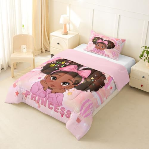 Image of Erosebridal Pink Black Girls Toddler Bedding Set Magical African American Comforter Set for Nursery Afro Little Girls Comforter Cute Room Decor Melanin Bedroom Decor (1 Comforter, 1 Pillowcase)