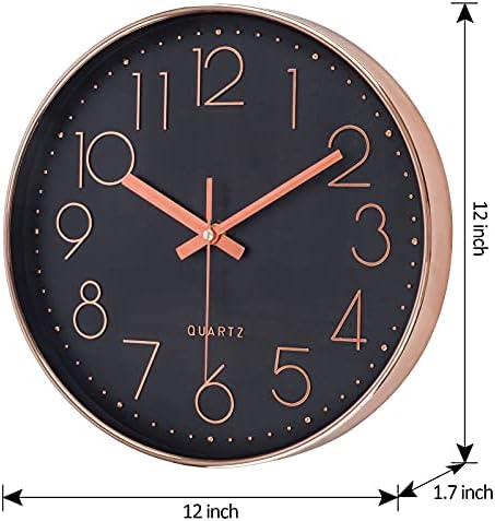 Silent Wall Clock, LENAUQ 12 Inch Battery Operated Non-ticking Arabic Numeral Clock, Round Decorative Clock for Home Kitchen Cafe Hotel Office Decor(Black-Rose Gold)