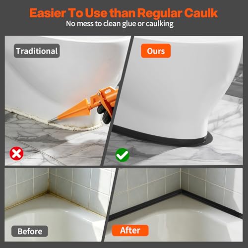 Image of Dstorelhp 2PCS Caulk Tape Waterproof Self Adhesive, Black, 1.5 inch x 10.5Ft | Peel and Stick, Decorative, For Kitchen, Countertop, Bathroom, Toilet, Bathtub, Sink, Shower, Easy to Install