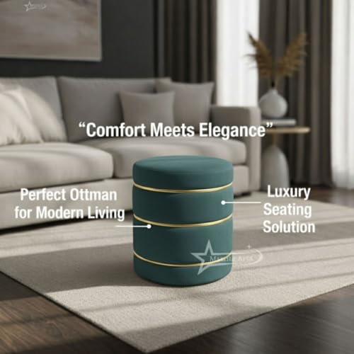 Image of Wooden Puffy Round Footstool and Ottoman Stool for Living Room Furnishings, Sitting Pouffe Ottoman Stool, Office Stool, and Room Decor Aqua