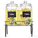 1 Gallon Glass Drink Dispenser Set of 2, Drink Dispensers for Parties, Beverage Dispenser with Stand, Glass Lid, 100% Leakproof Spigot, Ideal for Lemonade, Juice, Iced Tea, Laundry Detergent Dispenser
