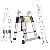 14.5FT Telescoping Extension A Frame Ladder 2-in-1, Multi-Purpose Aluminum Telescopic Ladders, Foldi