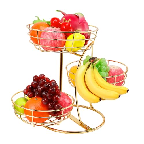 Livabber Fruit Basket Bowl with Banana Hanger Fruit Vegetable Storage Basket with Banana Tree Holder for Kitchen Counter Detachable Organizer for Bread Snack Produce (Gold 3-Tier Metal Base)