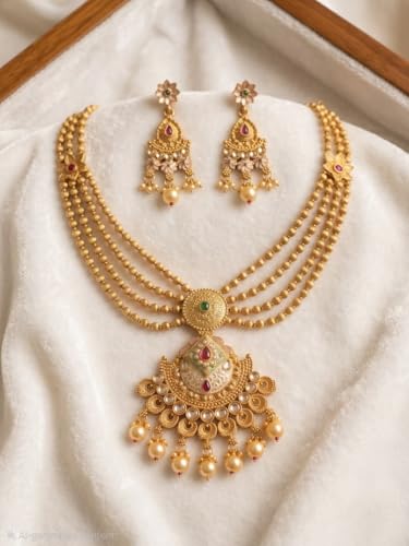 Image of Gold-Toned Traditional Multilayer Beaded Necklace Set with Kundan Pendant and Jhumka Earrings