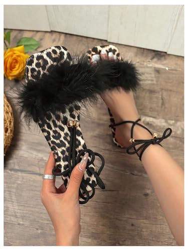 GORGLITTER Women's Leopard Cheetah Print Flat Sandals Lace Up Strappy Fuzzy Dressy Slides Shoes2