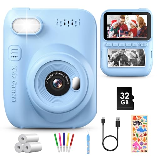 GREENKINDER Kids Camera Instant Print, 3.0” Large Screen Instant Camera for Kids, 1080P Kids Digital Camera with 32GB Card & 3 Rolls Print Paper, Gift Toy Selfie Kids Camera for Boys Age 3-12, Blue