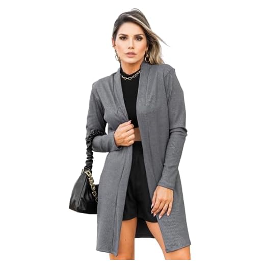 Cardigan Feminino Malha Canelada Manga Comprida Meia Estação (M (40-42), Mescla Canelado)