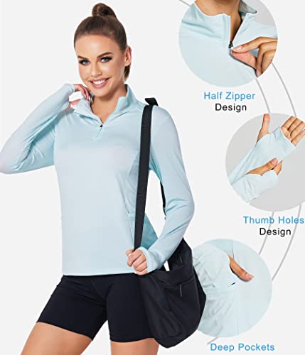 Womens Upf 50+ Sun Protection Tops Long Sleeve Half-Zip Thumb Hole Outdoor Performance Workout Shirt Blue Large #TOP1