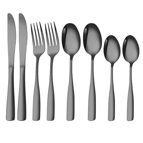 Image of aDai Charcoal Black Silverware Set, Satin Finish | 8-Piece Stainless Steel Flatware Set | Dishwasher Safe Kitchen Cutlery for Home, Restaurant & Gifting