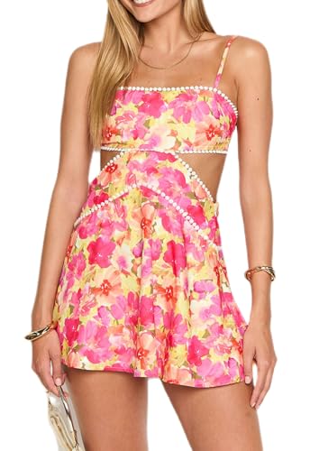Image of ROAONOCOMO Women Boho Graffiti Cami Mini Dress Spaghetti Strap Printed A Line Short Dress Cute Colorful Sundress