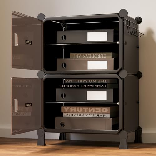 Image of BOXJOY 4 Shelf File Cabinet for Home and Office Black Rack with 2 Brown Doors Hard PET Plastic Drawer Cabinet with Metal Frame Multipurpose File Document Storage and Stationery Organizer