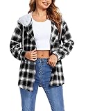 HOTOUCH Long Sleeve Shirts for Women Plaid Hoodies Top Flannel Shacket Jacket Button Down Soft Top Chest Pockets Black XL