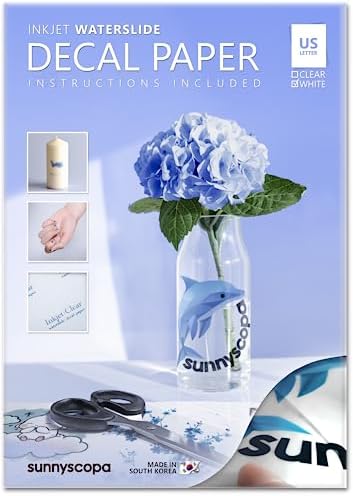Sunnyscopa Waterslide Decal Paper for INKJET Printer - CLEAR, US LETTER SIZE 8.5"X11", 10 SHEETS, Personalized Water Slide Transfer Transparent Printable paper - DIY Custom for Tumblers, Glasses, Mug