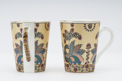 Image of GOLDEN QUEEN'S Elegant Floral Mugs: Set of 2 for Coffee, Tea, Milk | Ideal for Hosting, Casual Gatherings, or Your Daily Beverage Ritual | 24 Carat Gold on Rim - Handpainted Peacock 300 ml