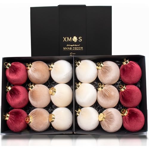 18PCS Velvet Christmas Ornaments Set – Large Matte Flocked Shatterproof Baubles for Xmas Tree Decoration, Luxury Hanging Ornaments for Holiday & Home Décor (Red, Brown, White, 3 Inch / 8 cm)